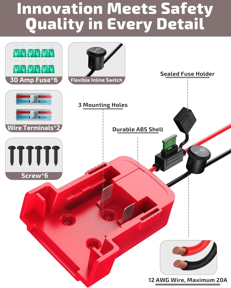 CRIVON 2-Pack 18V for Milwaukee M18 Battery Adapter for Power Wheels Battery Upgrade Conversion Kit with Switch Fuses Wire Connectors 12AWG Wire Power Tool Drill Battery Converter Adapter for DIY RC Car, Etc - Image 4